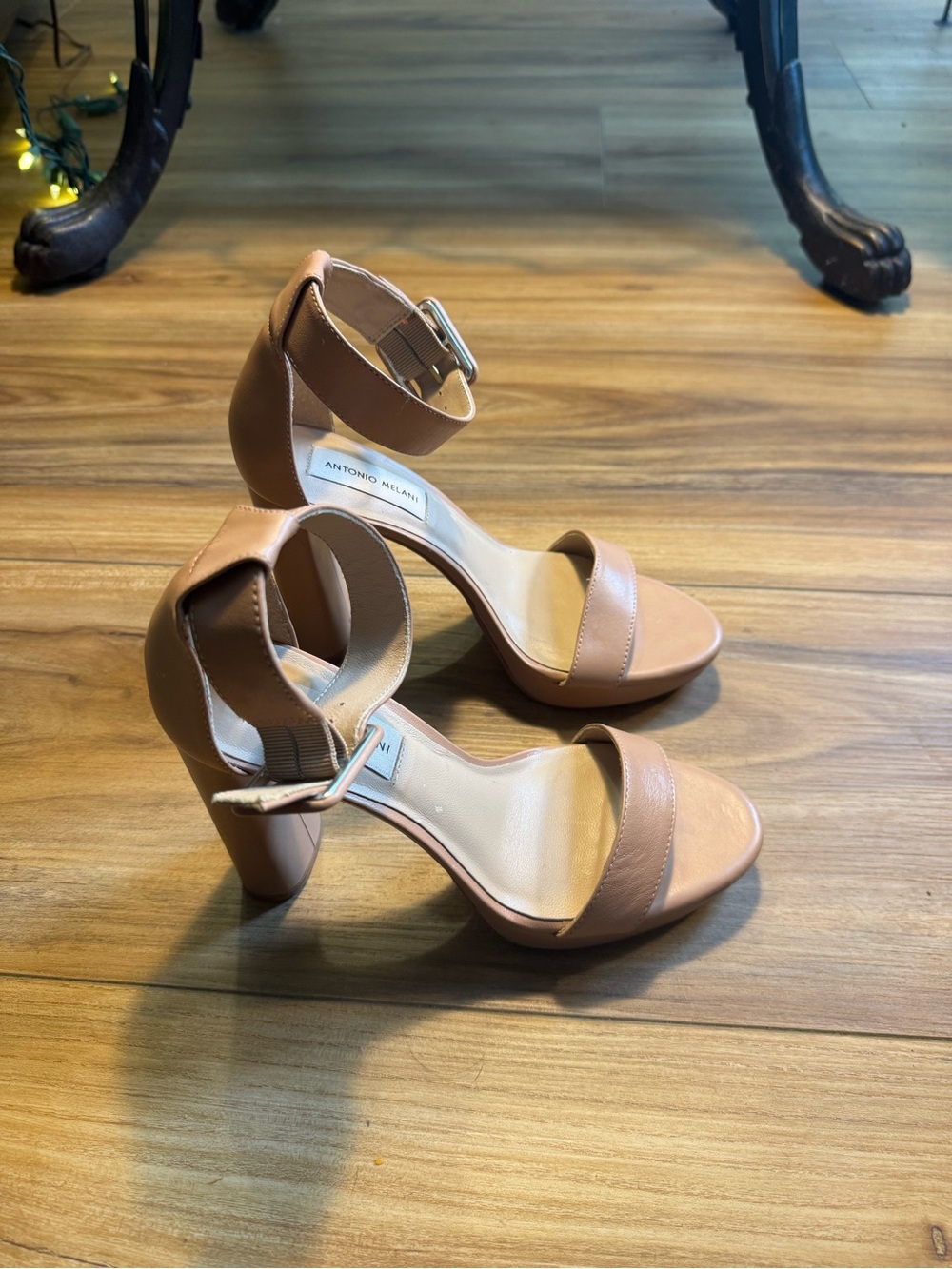 ANTONIO MELANI Tan Ankle-Strap Block Heels